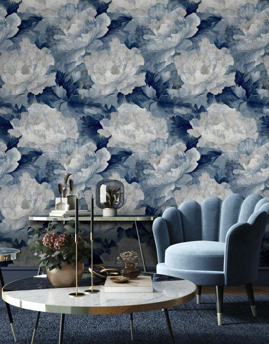 Textured Blue Floral Wallpaper, Modern Botanical Wall Mural, Peony Peel and Stick Decor