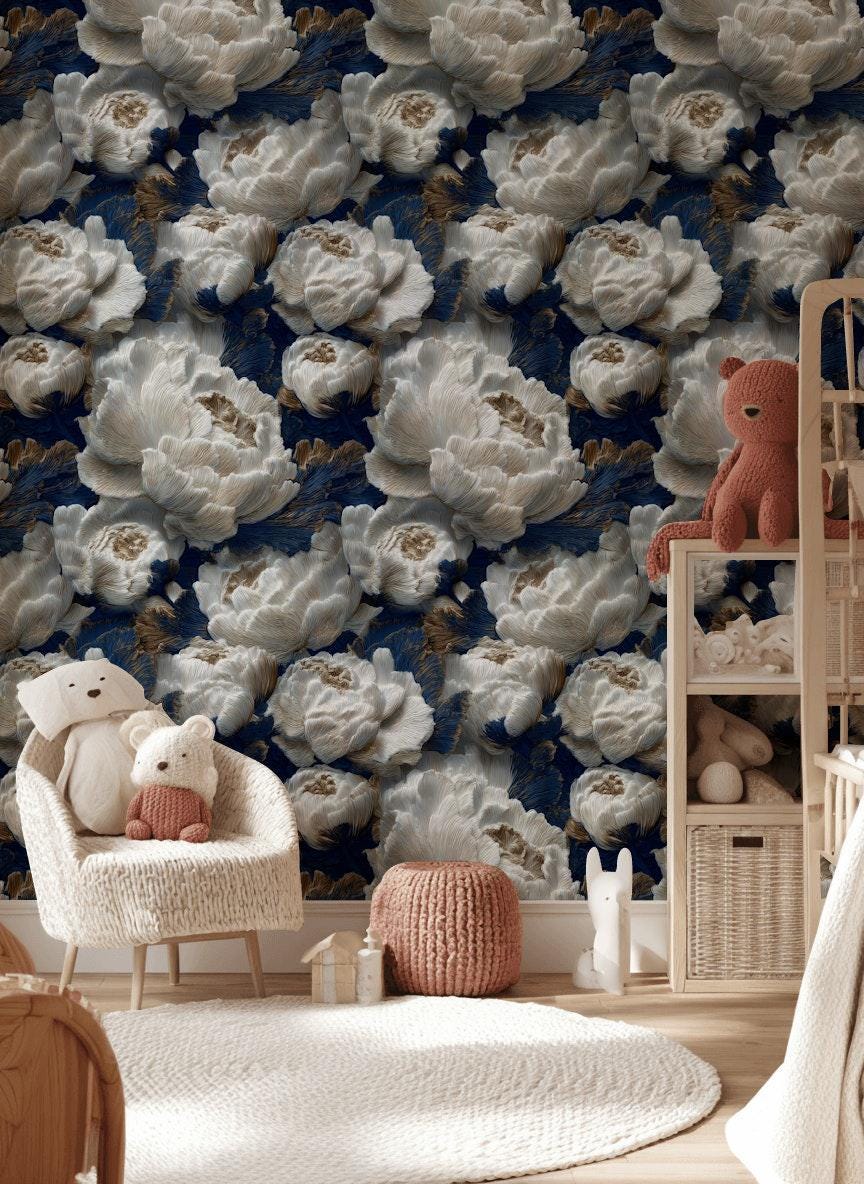 Textured Peony Flower Wallpaper: Navy Blue & Gold Glam Mural