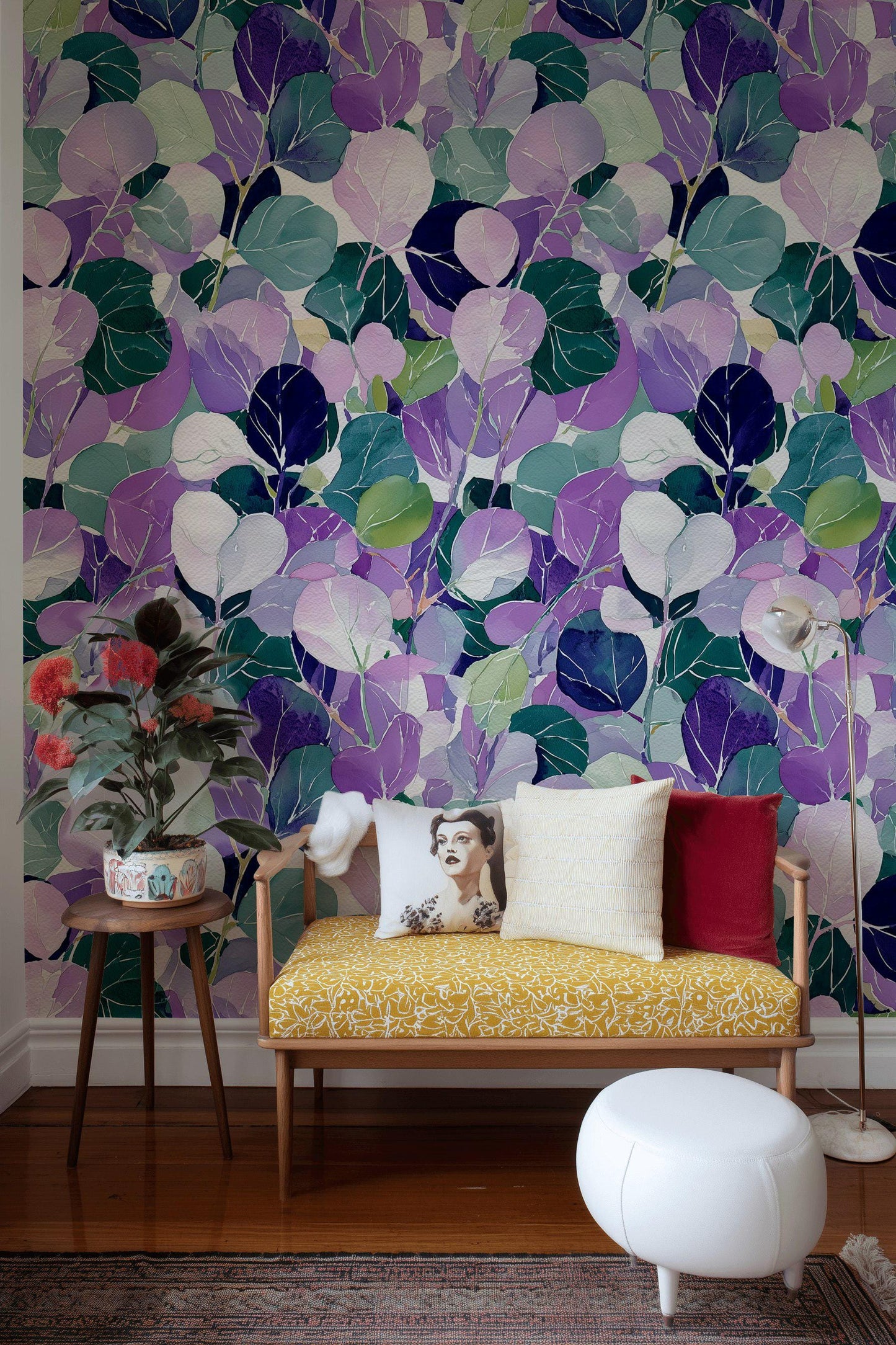 Watercolor Leaf Peel and Stick Wallpaper: Purple Green Botanical Wall Mural