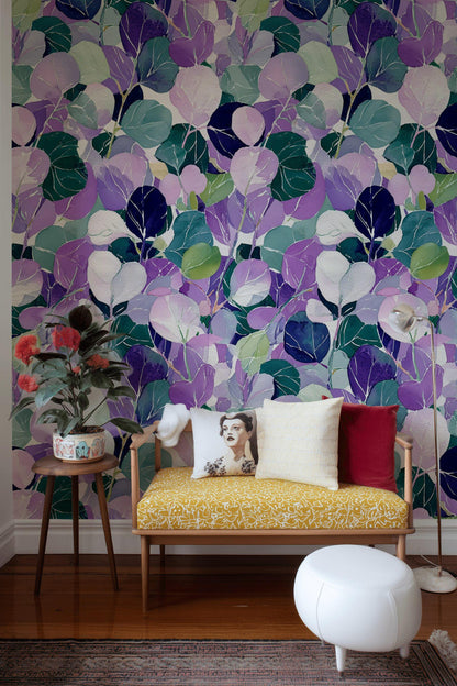 Watercolor Leaf Peel and Stick Wallpaper: Purple Green Botanical Wall Mural