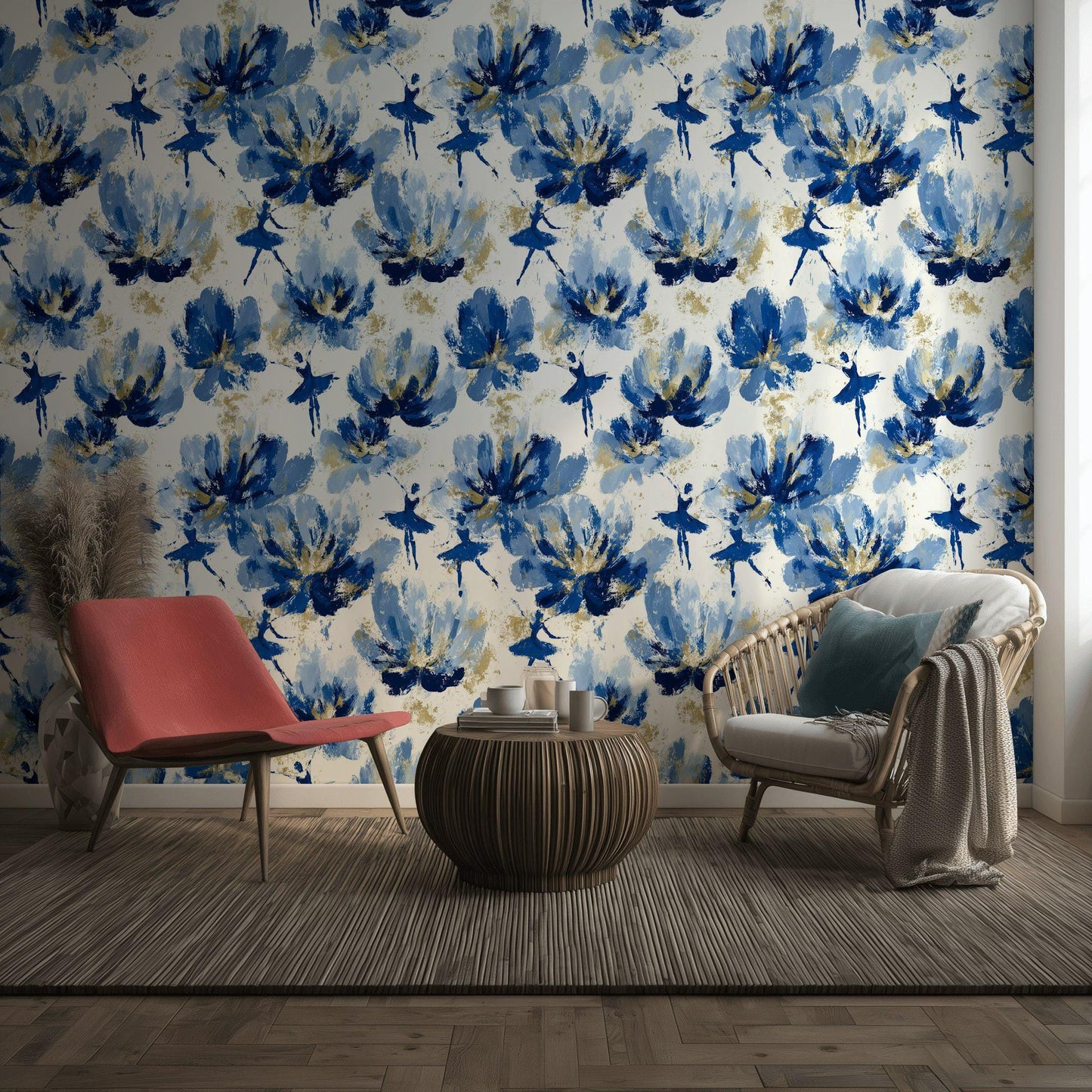 Blue Ballerina Wallpaper, Gold Accented Abstract Floral Mural, Peel & Stick or Unpasted Vertical Panel