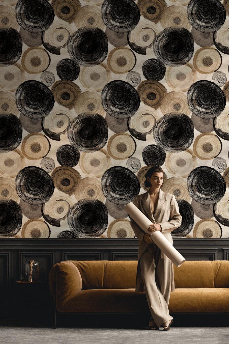 Abstract Swirl Wallpaper Mural: Black Espresso Circles, Hand-Painted Art (Peel & Stick or Unpasted)