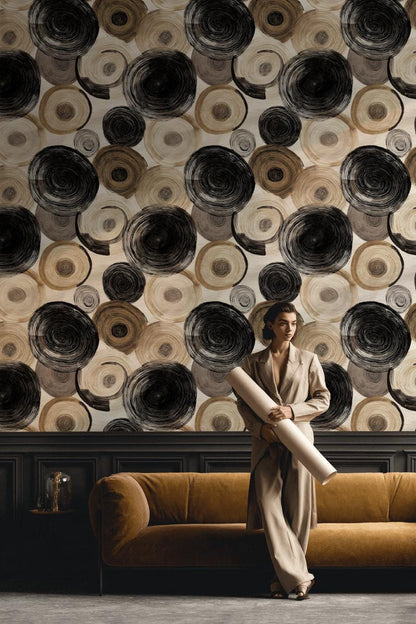 Abstract Swirl Wallpaper Mural: Black Espresso Circles, Hand-Painted Art (Peel & Stick or Unpasted)