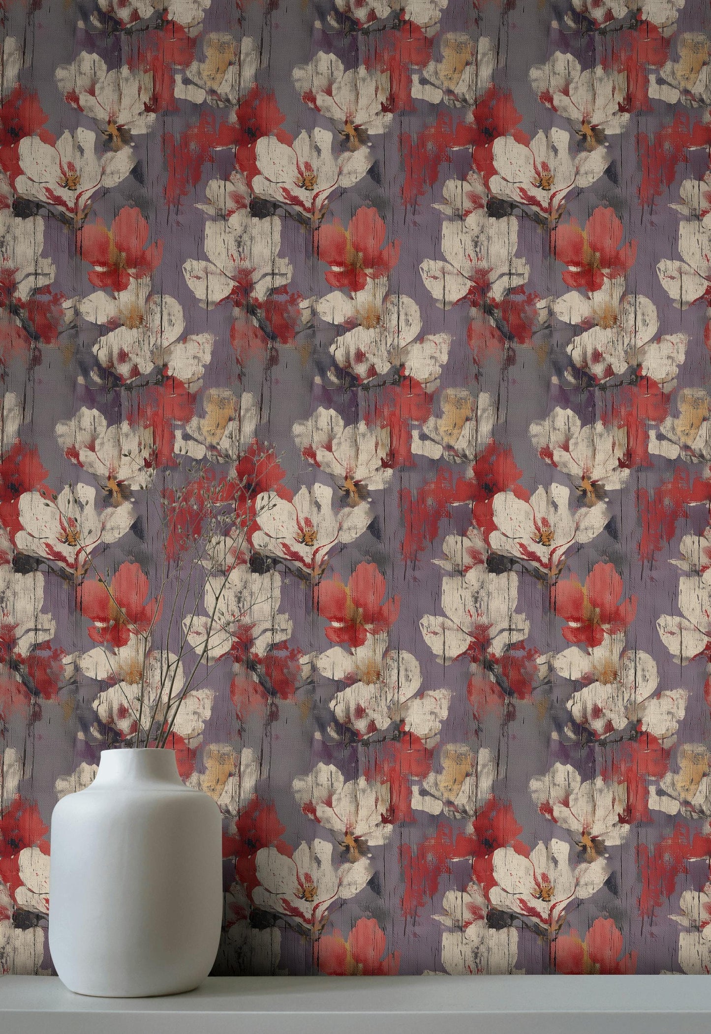 Abstract Floral Peel and Stick Wallpaper: Distressed Wood Texture Wall Mural