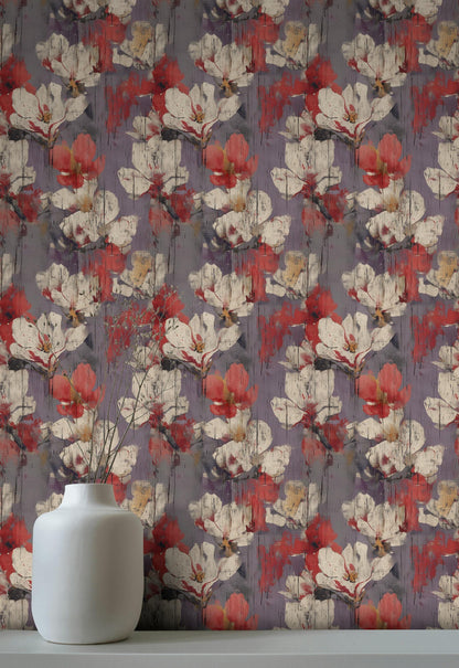 Abstract Floral Peel and Stick Wallpaper: Distressed Wood Texture Wall Mural