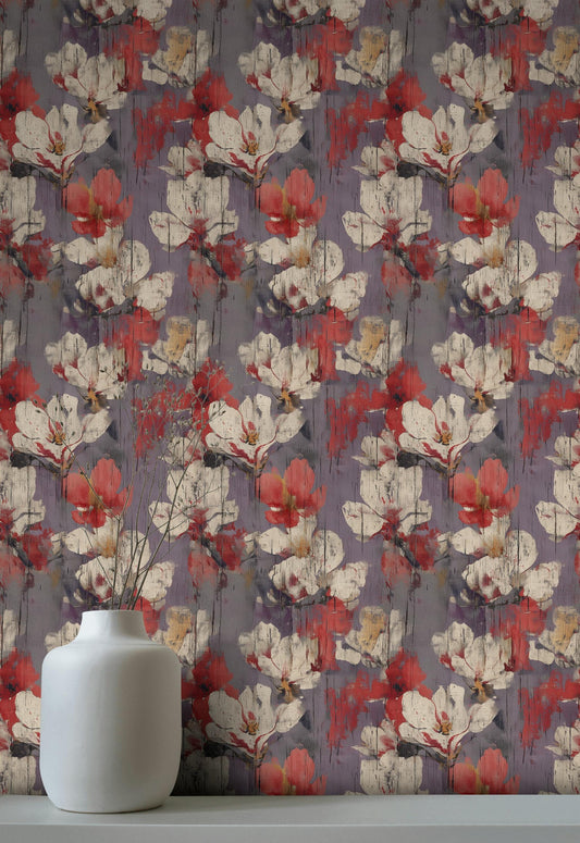 Abstract Floral Peel and Stick Wallpaper: Distressed Wood Texture Wall Mural