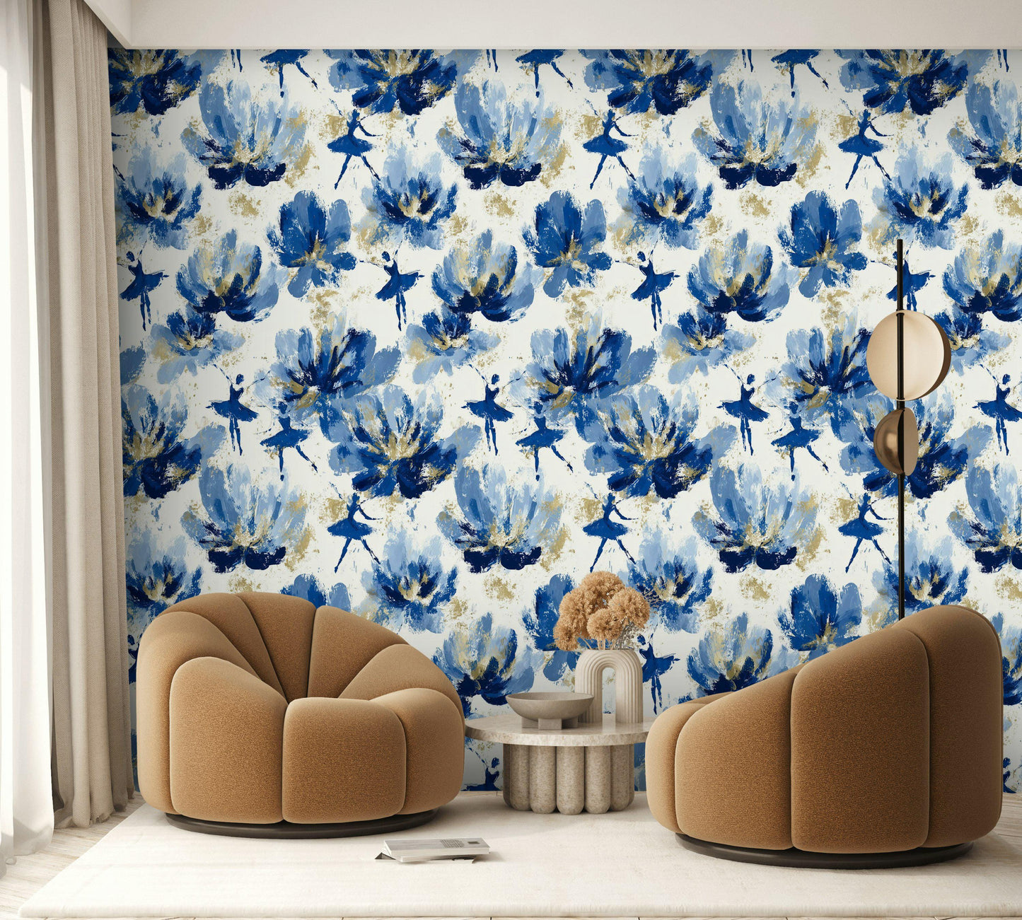 Blue Ballerina Wallpaper, Gold Accented Abstract Floral Mural, Peel & Stick or Unpasted Vertical Panel