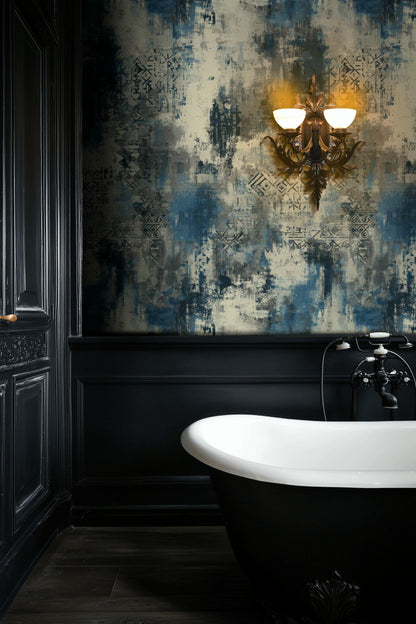 Abstract Blue Grey Wallpaper | Distressed Industrial Wall Mural | Modern Urban Peel and Stick Decor