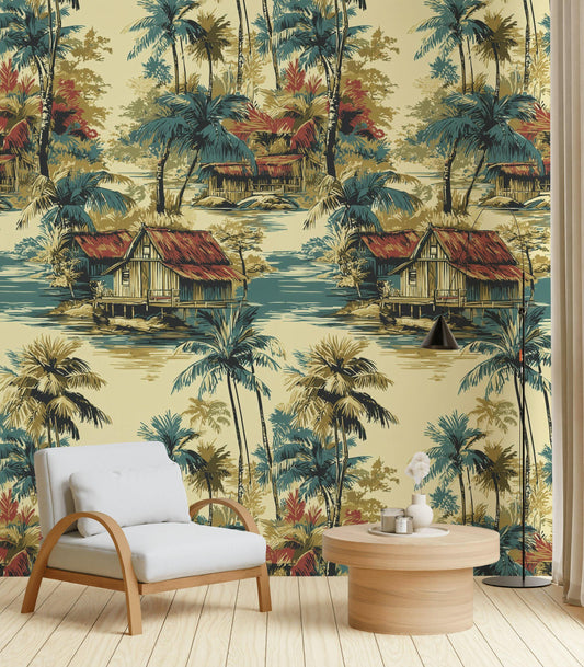Vintage Tropical Landscape Wallpaper | Caribbean Coastal Wall Mural | Palm Tree Peel and Stick Decor