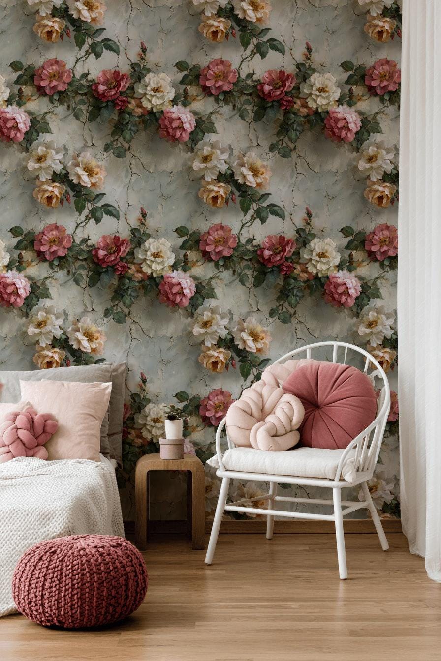 Rose Mural Wallpaper: Shabby Chic Crackle Effect (Peel & Stick)
