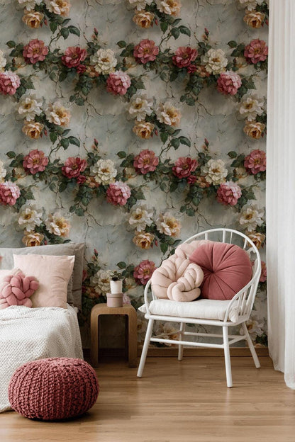 Rose Mural Wallpaper: Shabby Chic Crackle Effect (Peel & Stick)
