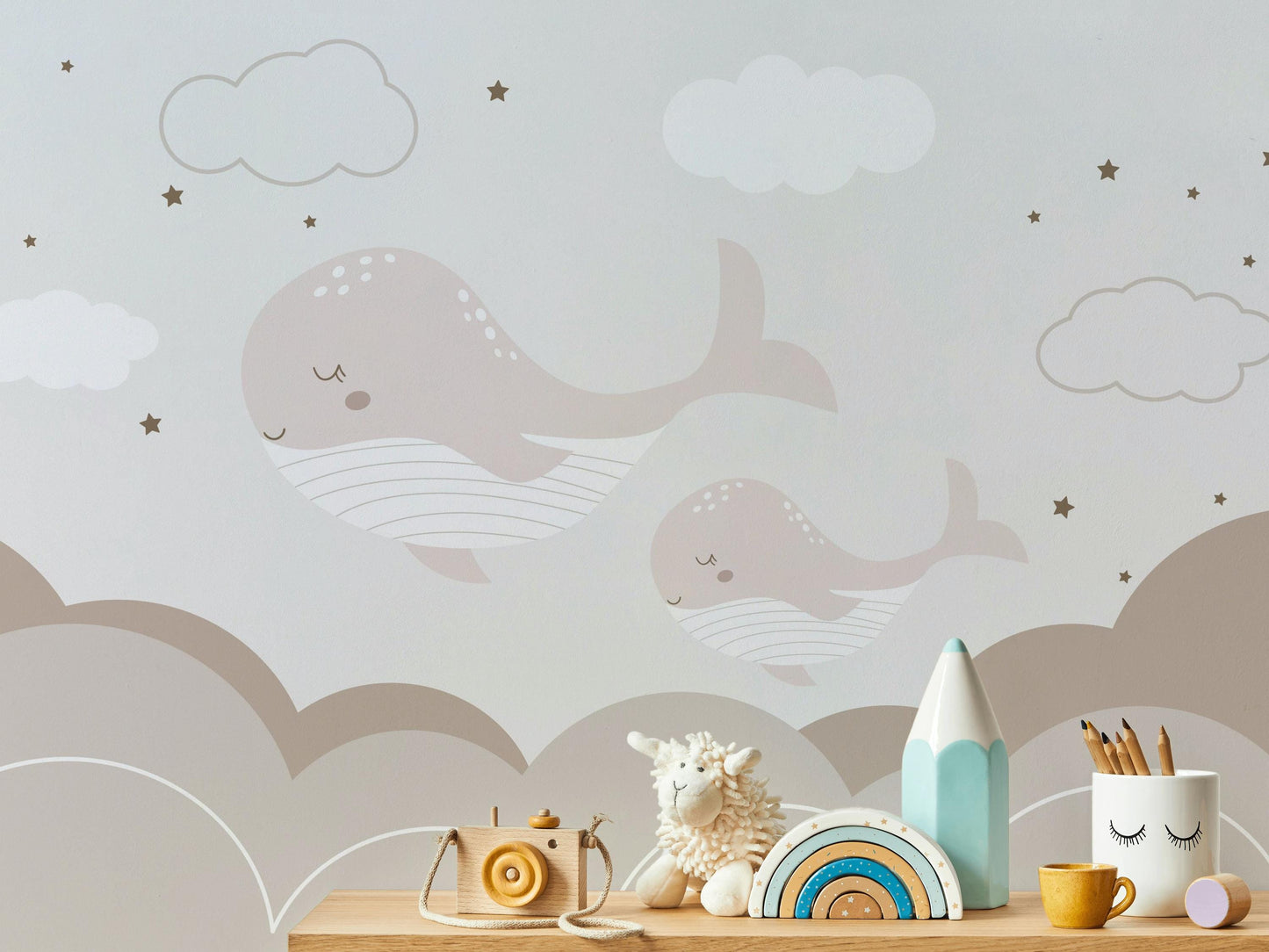 Boho Whale Nursery Wallpaper, Neutral Ocean Wall Mural, Minimalist Peel and Stick Baby Decor