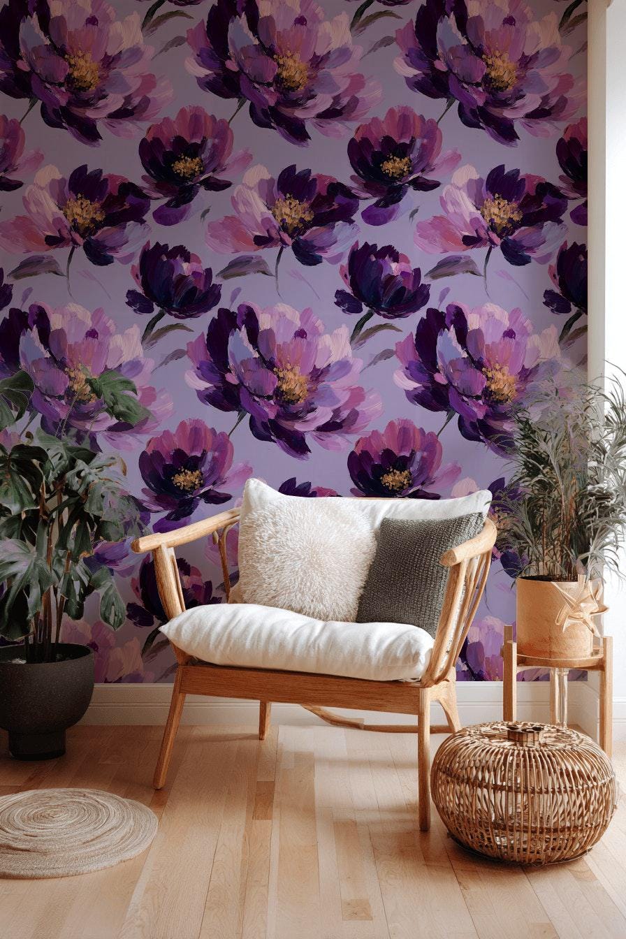 Purple Floral Wallpaper, Abstract Oil Paint Wall Mural, Bold Magenta Peel and Stick Decor