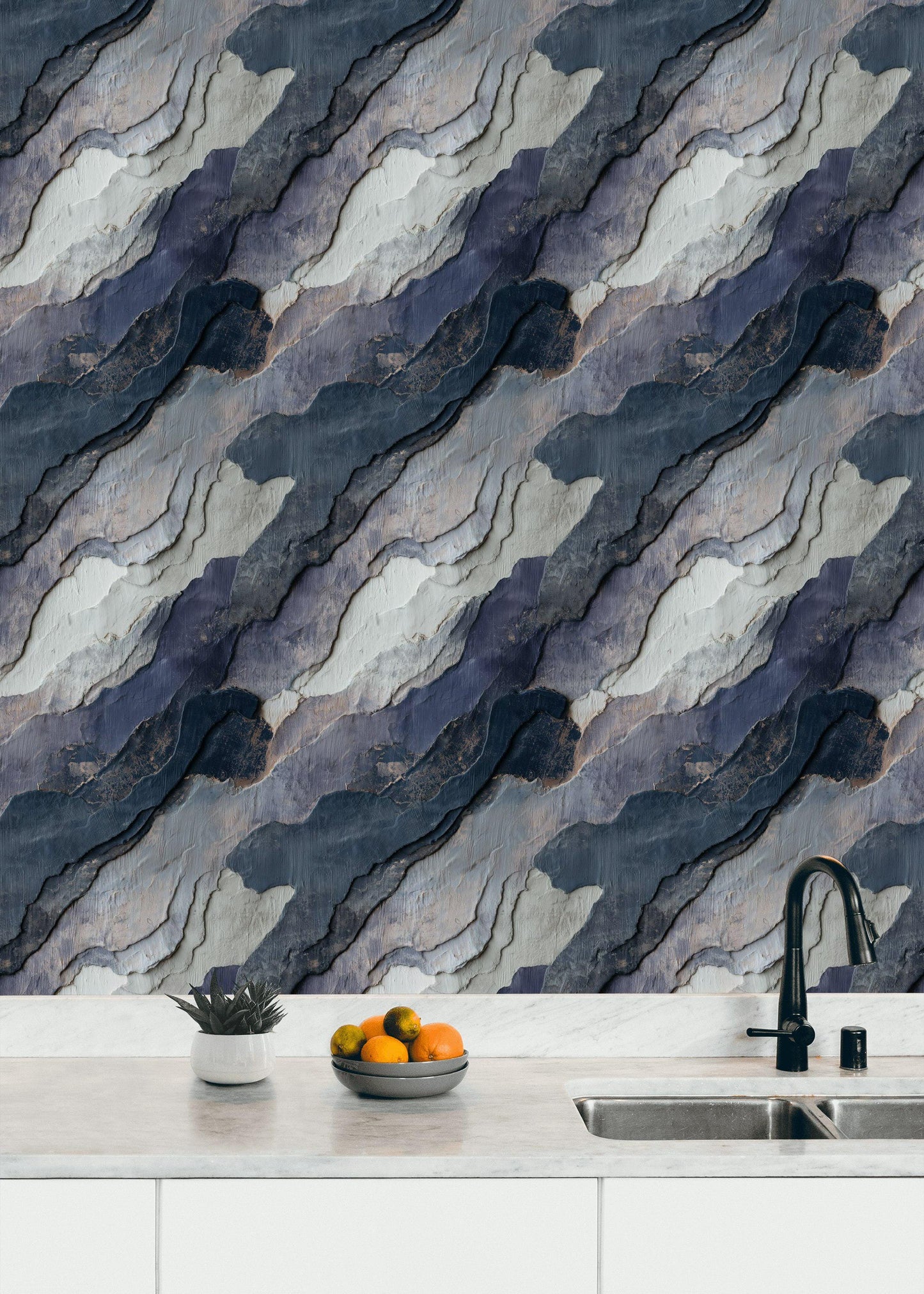 Navy Blue Stone Texture Wallpaper: Layered Abstract Peel and Stick Wall Mural