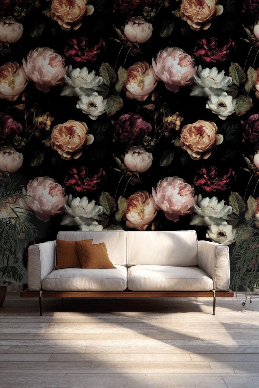 Dark Floral Wallpaper, Gothic Peony Rose Vertical Mural, Black Background Peel & Stick or Unpasted Panel