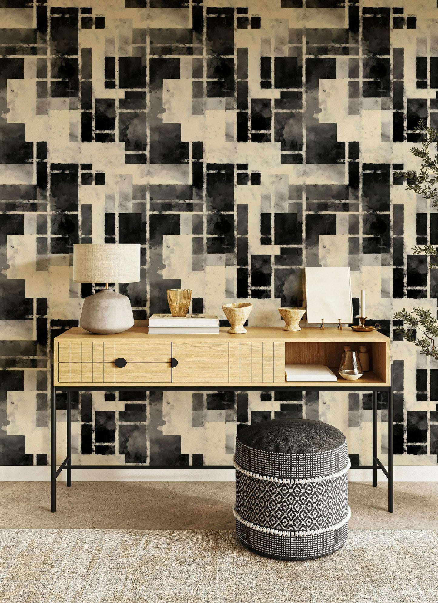 Monochrome Bauhaus Wallpaper: Abstract Watercolor Grid, Peel & Stick Mural
