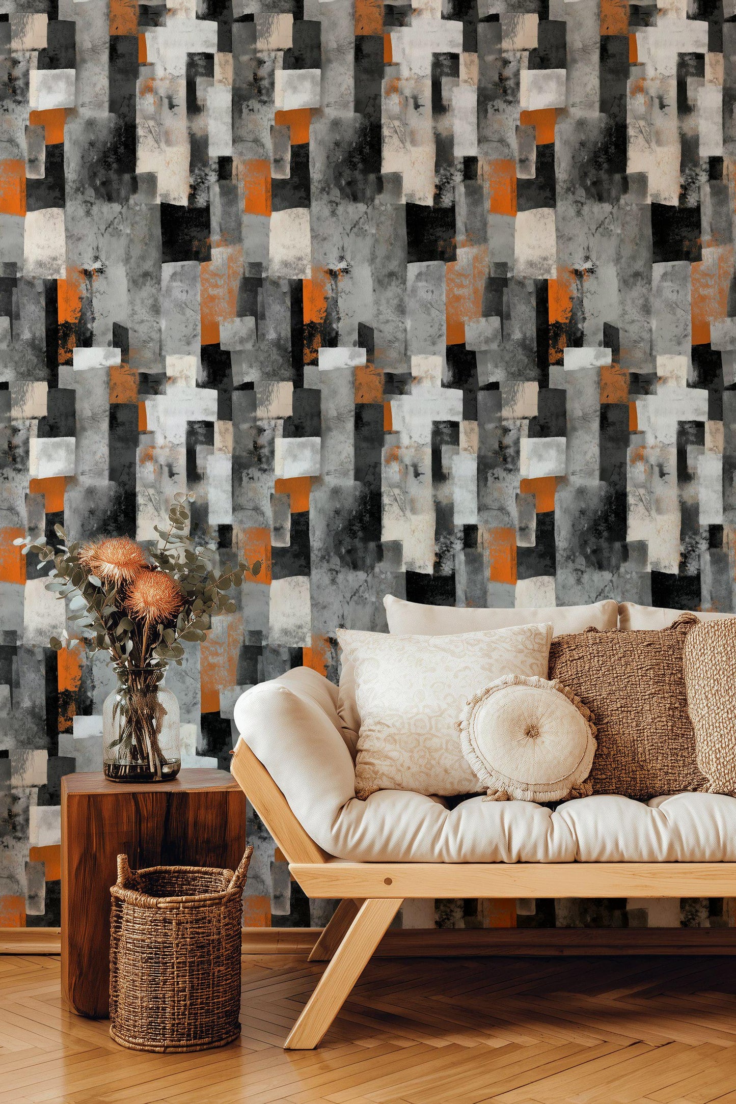 Geometric Block Wallpaper Mural: Orange, Grey, Black Peel and Stick Art