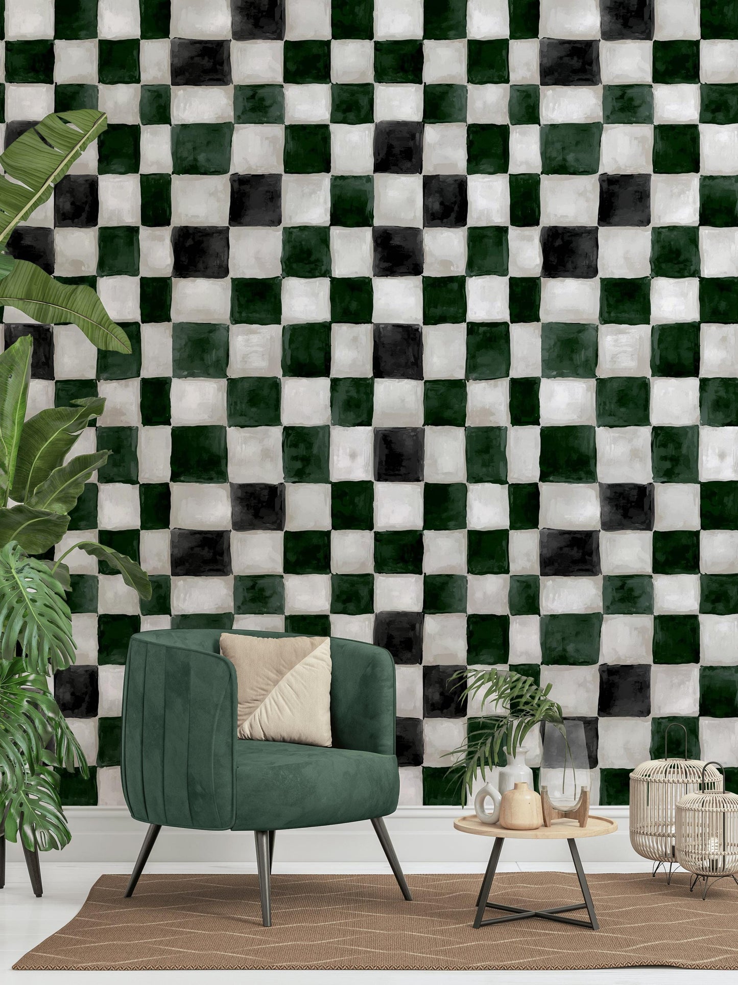 Hand-Painted Checkerboard Wallpaper | Rustic Farmhouse Wall Mural | Green Plaid Peel and Stick Decor