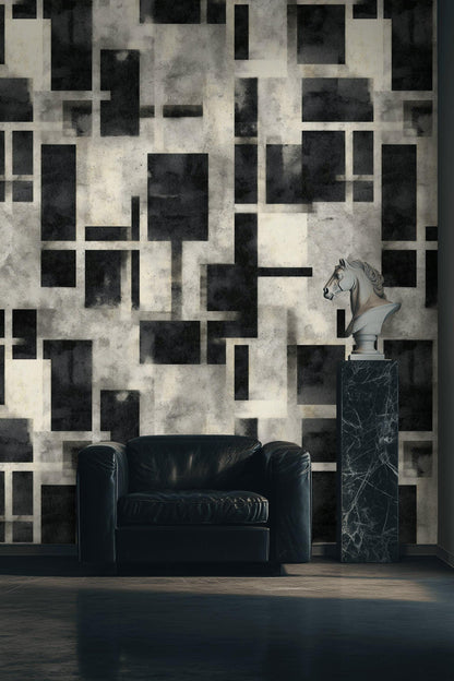 Black and White Geometric Grid Wallpaper Mural: Modern Peel and Stick