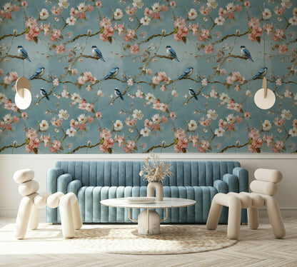 Cherry Blossom Wallpaper Mural: Peel and Stick Bird Wall Decor