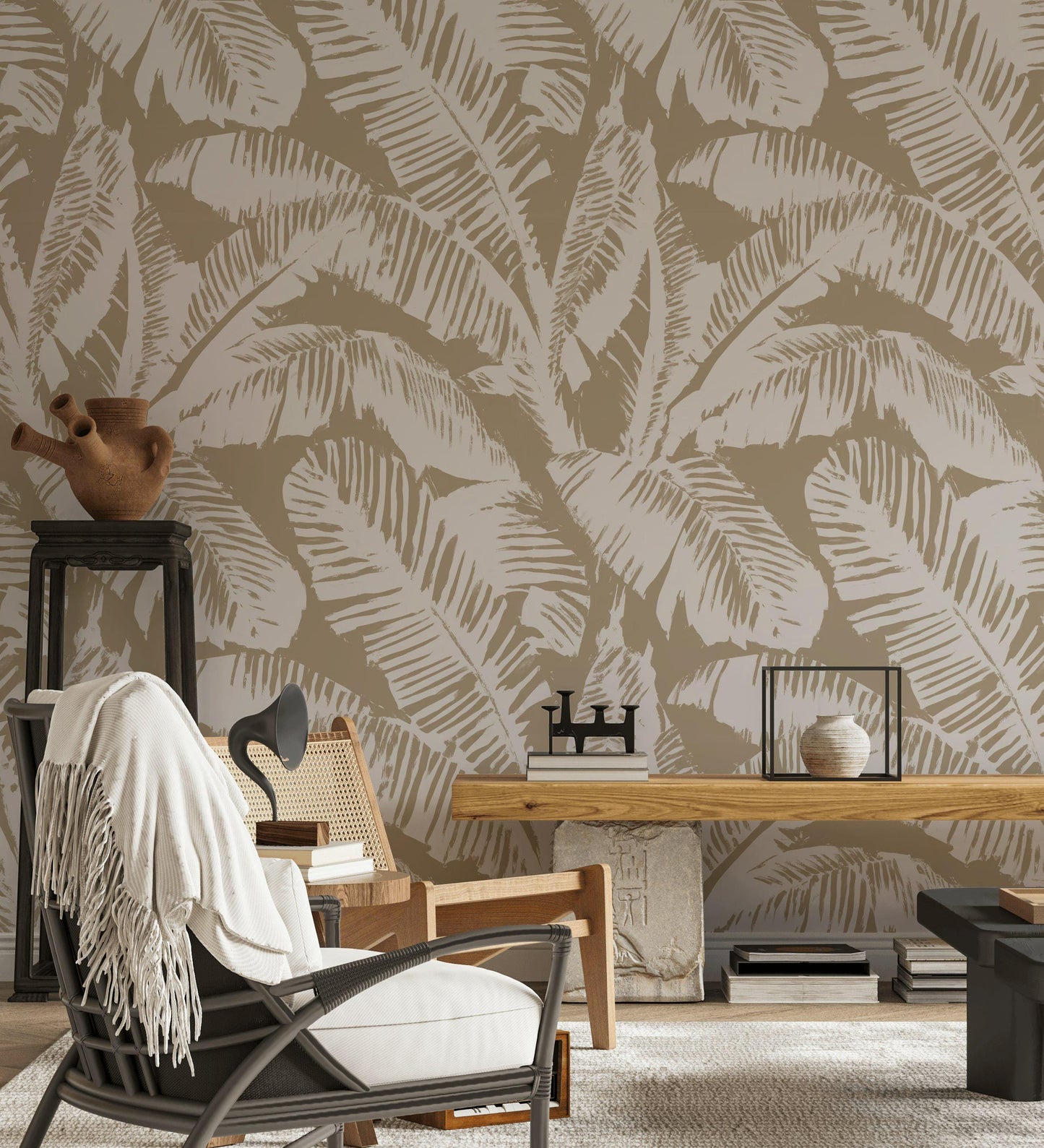 Minimalist Palm Leaf Wallpaper | Neutral Tropical Wall Mural | Beige Botanical Peel and Stick Decor