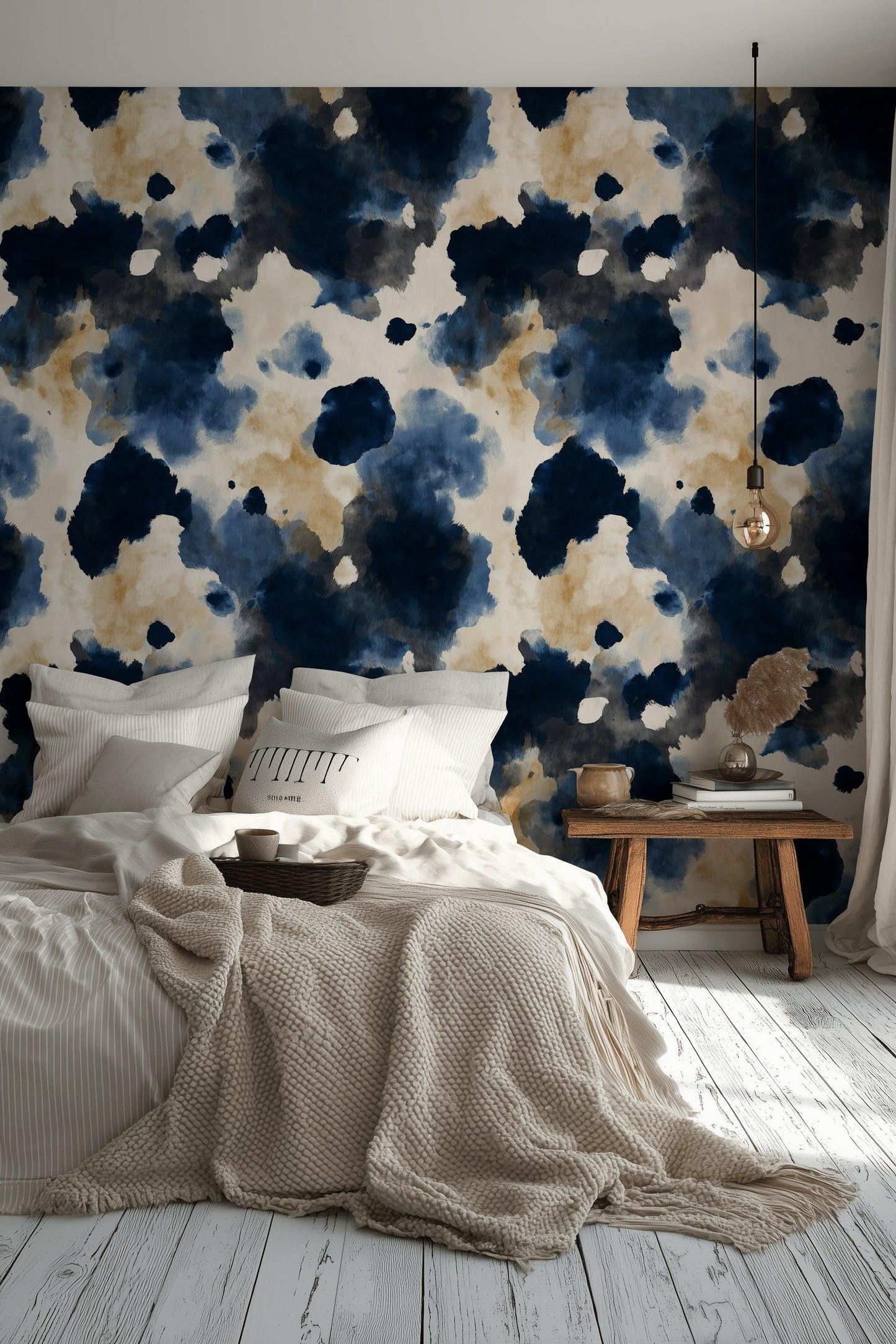 Abstract Cow Print Wallpaper Mural: Navy, Beige, Cream Peel and Stick