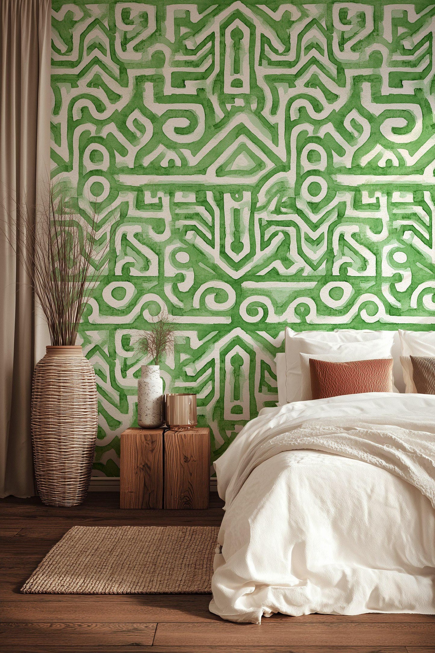 Watercolor Abstract Wallpaper, Green Labyrinth Geometric Wall Mural, Modern Peel and Stick Wall Decor