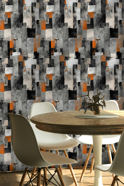 Geometric Block Wallpaper Mural: Orange, Grey, Black Peel and Stick Art