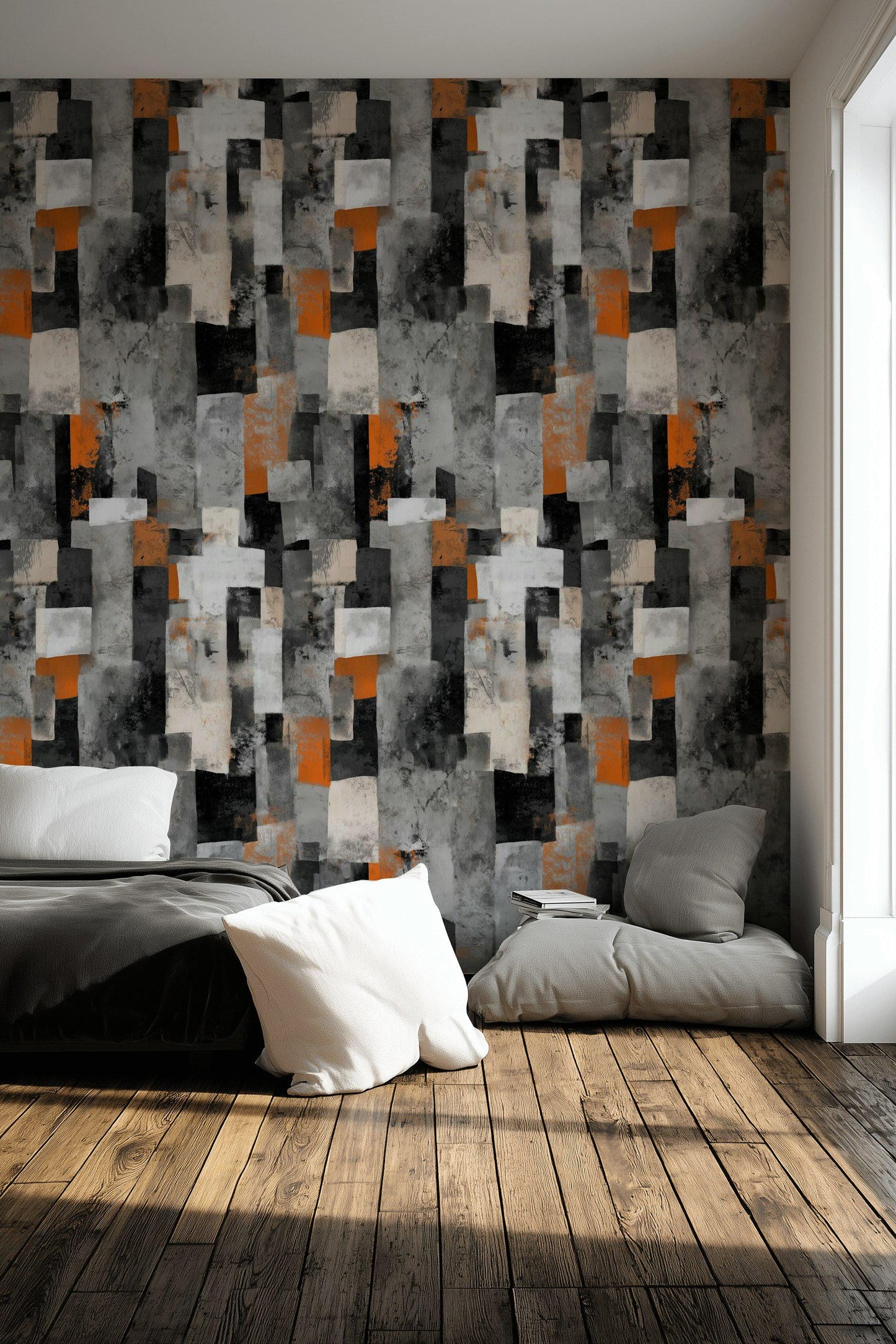 Geometric Block Wallpaper Mural: Orange, Grey, Black Peel and Stick Art