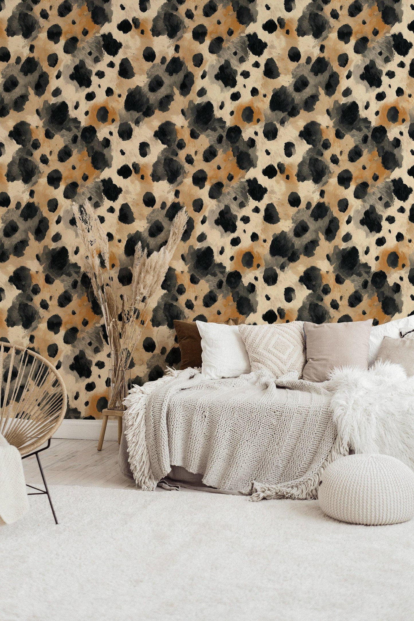 Cowhide Print Wallpaper: Black, Beige, and Tan - Peel & Stick
