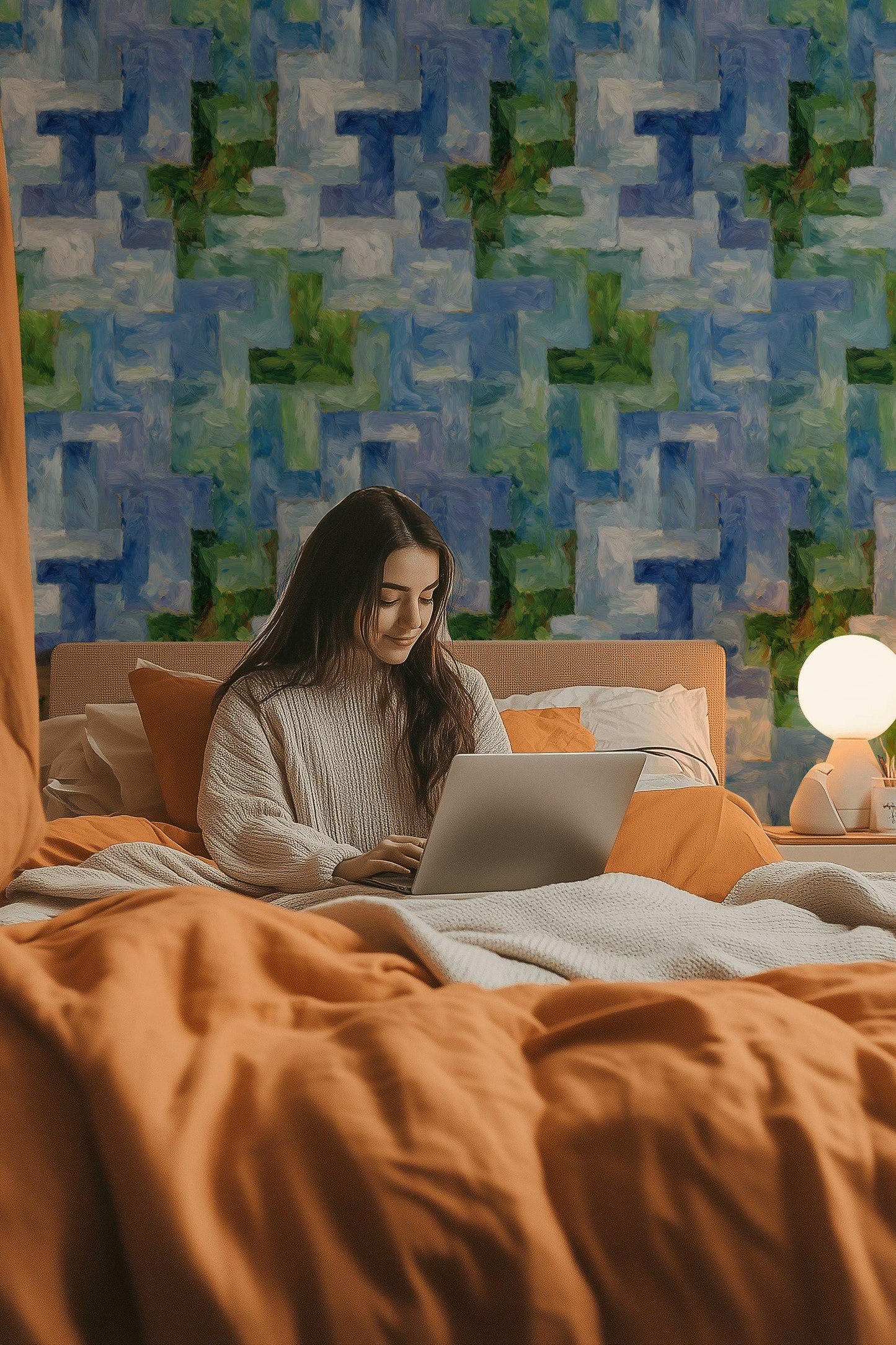 Monet Style Impressionist Mural, Textured Blue Green Block Wallpaper, Vertical Peel & Stick Art Panel