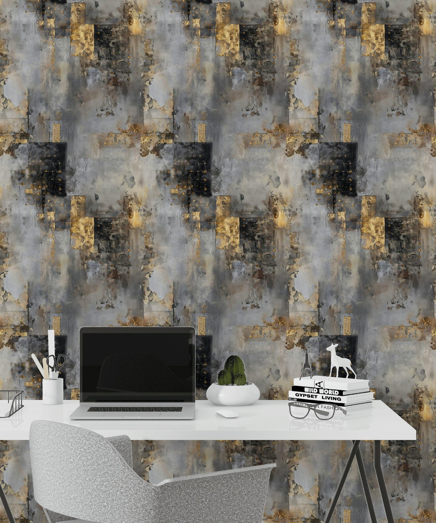 Distressed Concrete Texture Wallpaper | Luxury Gold Grunge Wall Mural | Modern Peel & Stick Art