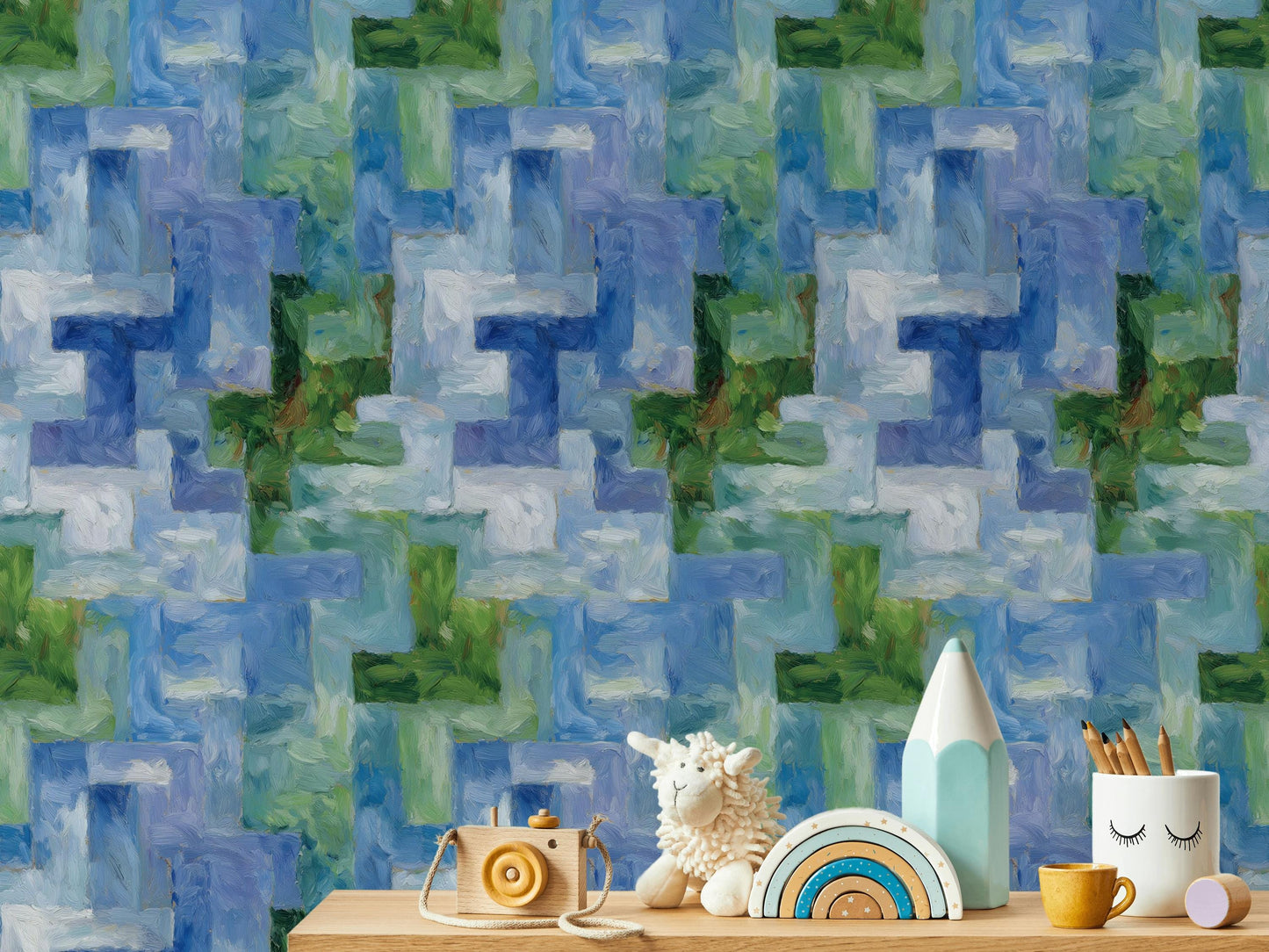Monet Style Impressionist Mural, Textured Blue Green Block Wallpaper, Vertical Peel & Stick Art Panel