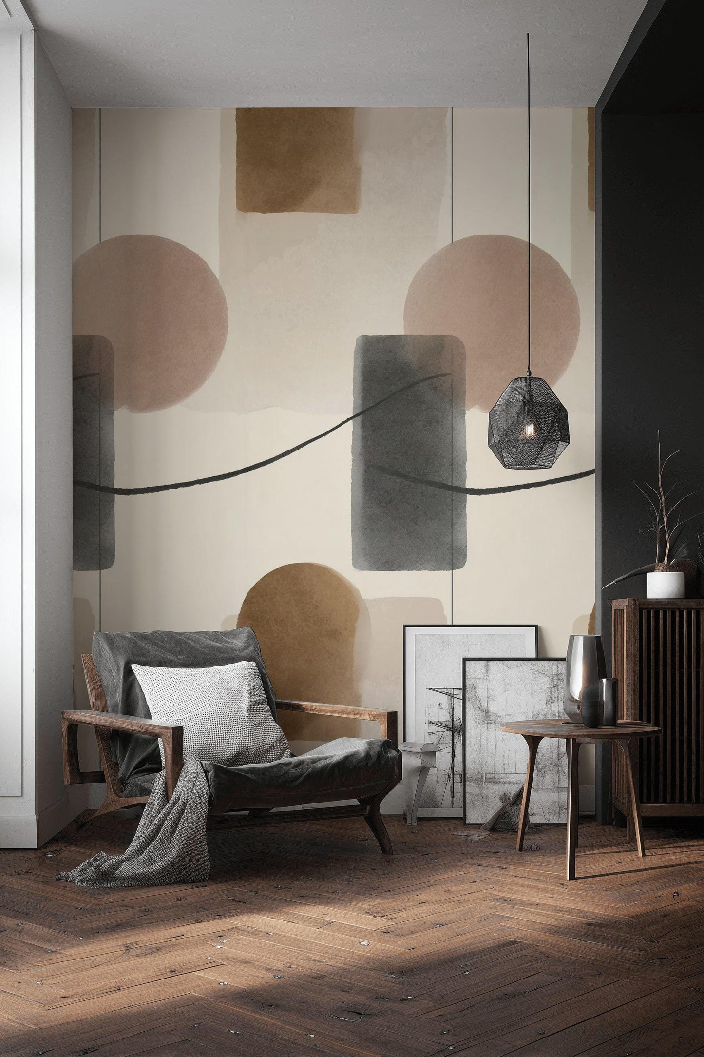 Abstract Geometric Wallpaper, Minimalist Wall Mural, Neutral Tones Peel and Stick Decor