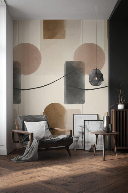 Abstract Geometric Wallpaper, Minimalist Wall Mural, Neutral Tones Peel and Stick Decor
