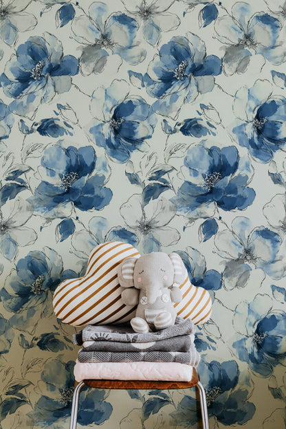 Blue Watercolor Peony Wallpaper: Abstract Floral Peel and Stick Wall Mural