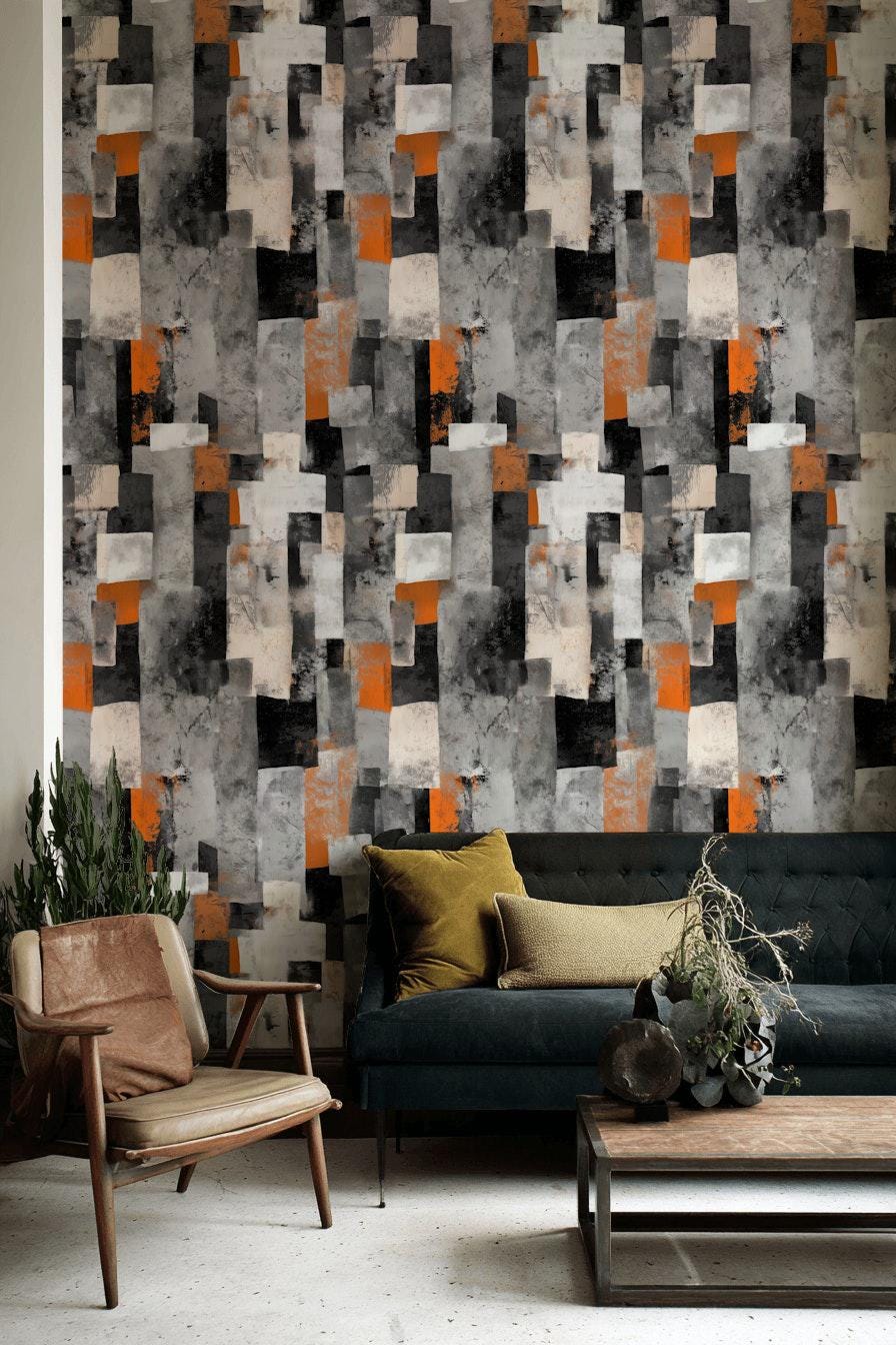 Geometric Block Wallpaper Mural: Orange, Grey, Black Peel and Stick Art