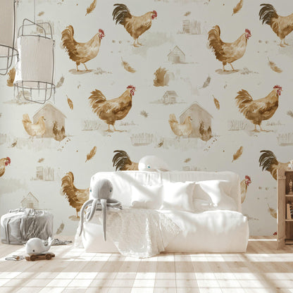Farmhouse Rooster Chicken Wallpaper | Rustic Country Wall Mural | Watercolor Peel and Stick Decor