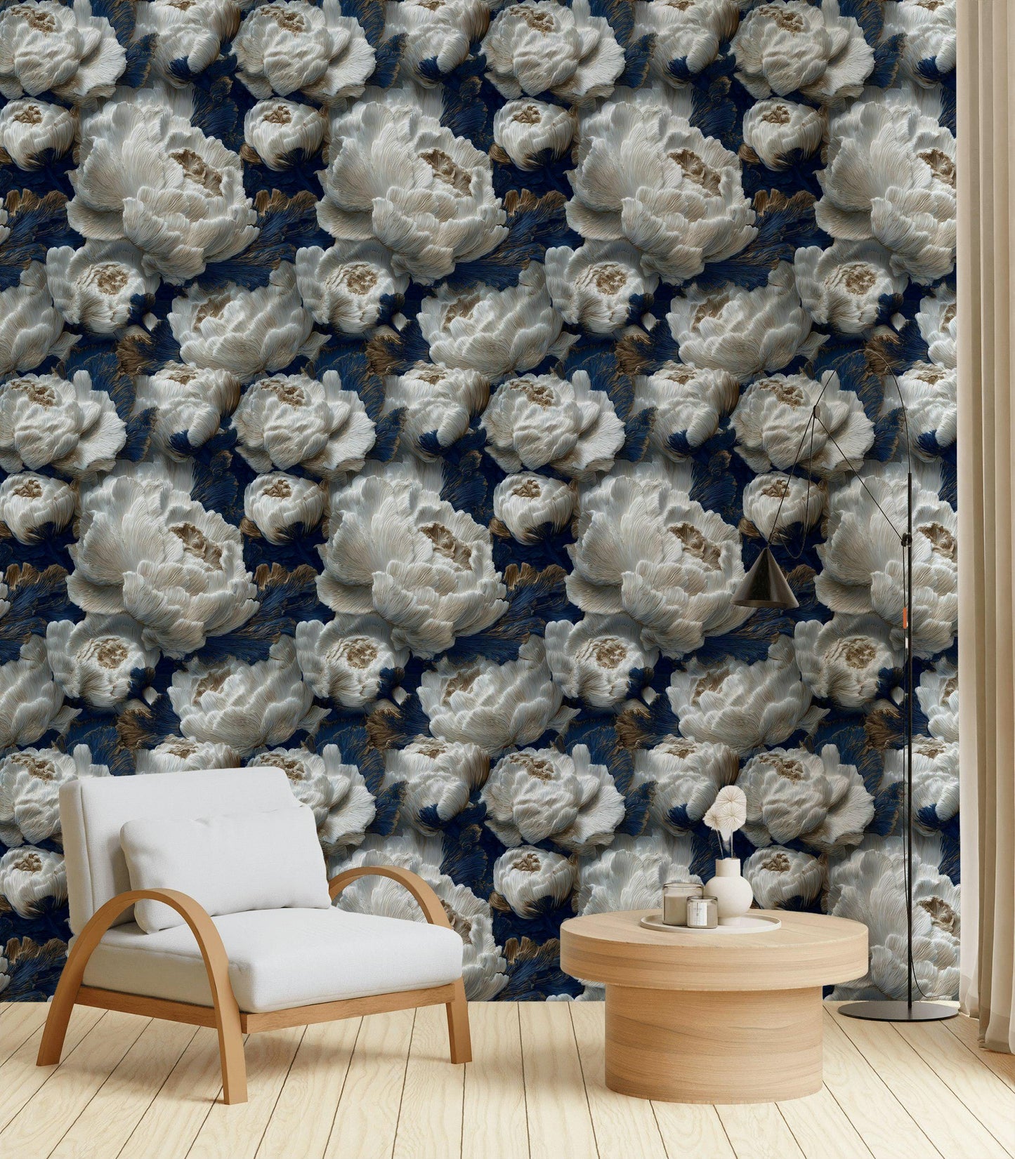 Textured Peony Flower Wallpaper: Navy Blue & Gold Glam Mural