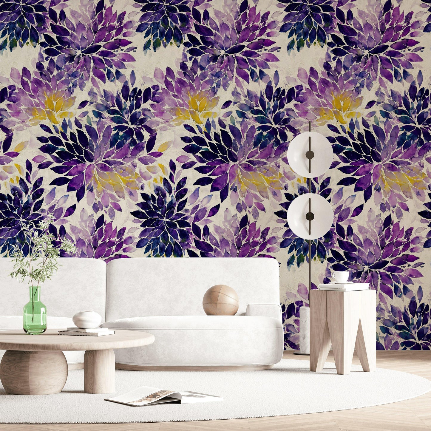 Purple Floral Watercolor Wallpaper: Abstract Peel and Stick Wall Mural
