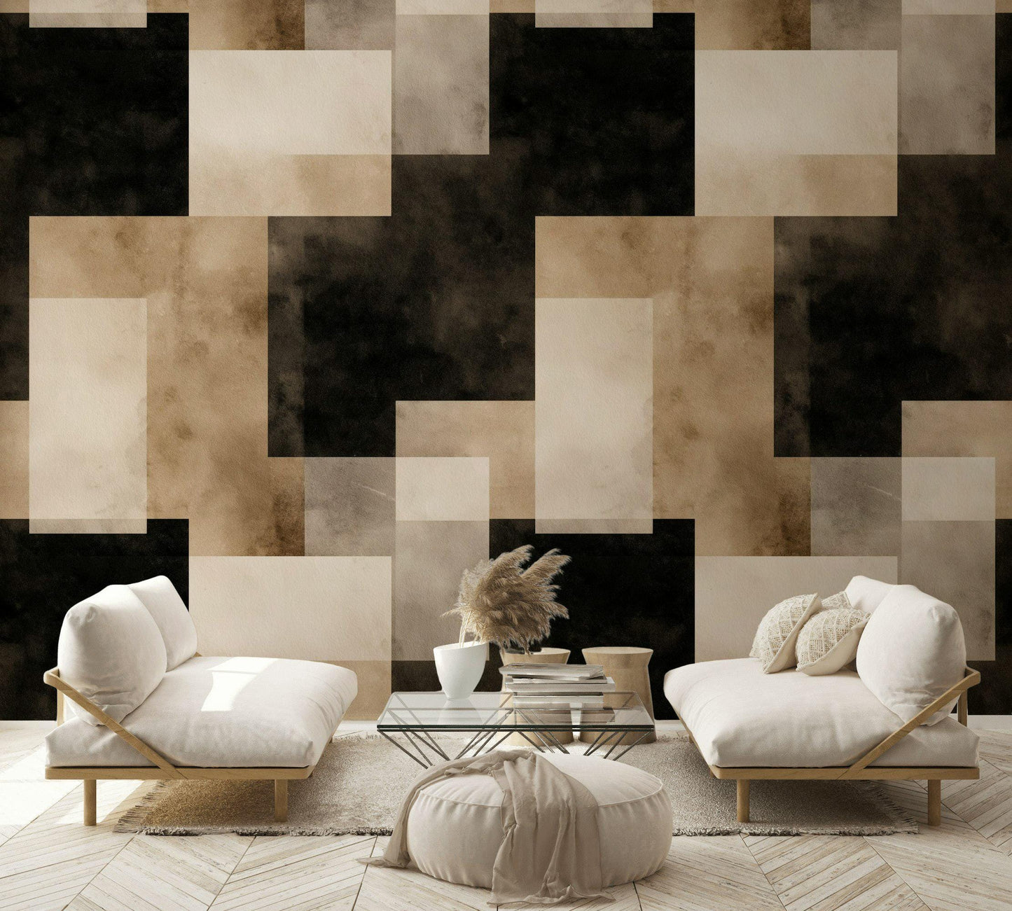 Abstract Geometric Squares Wallpaper | Modern Minimalist Wall Mural | Neutral Peel and Stick Decor