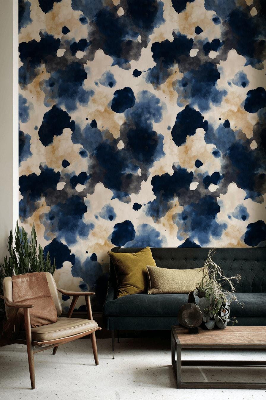 Abstract Cow Print Wallpaper Mural: Navy, Beige, Cream Peel and Stick