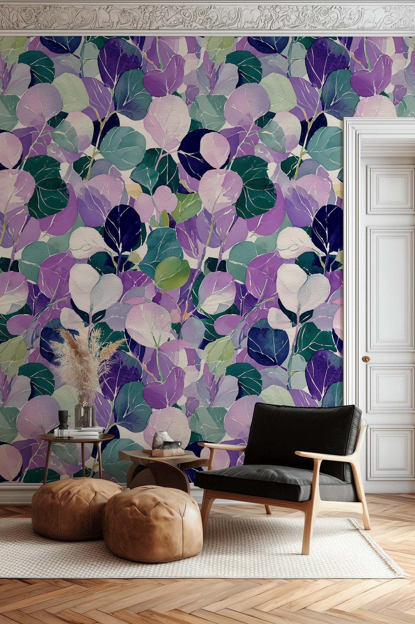 Watercolor Leaf Peel and Stick Wallpaper: Purple Green Botanical Wall Mural