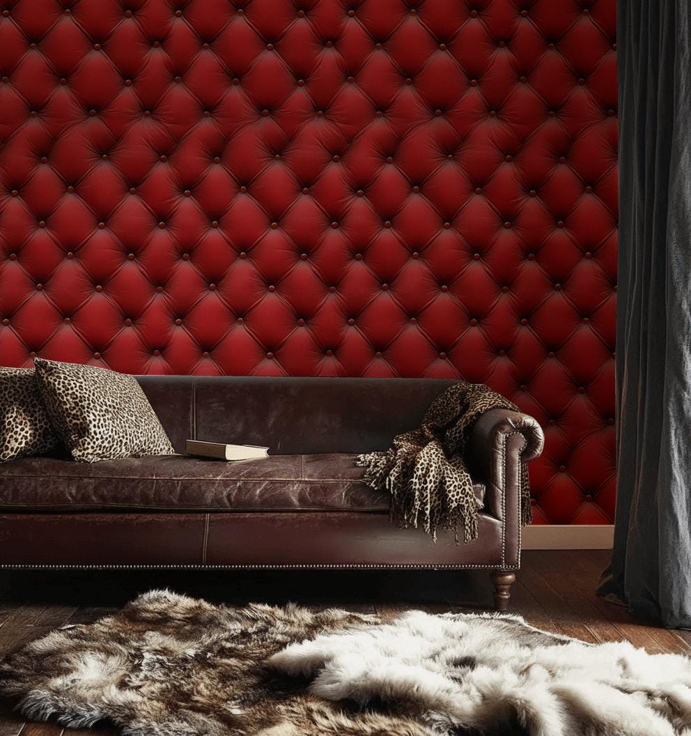 Red Tufted Texture Wallpaper, Chesterfield 3D Effect Vertical Panel, Peel & Stick or Unpasted Mural
