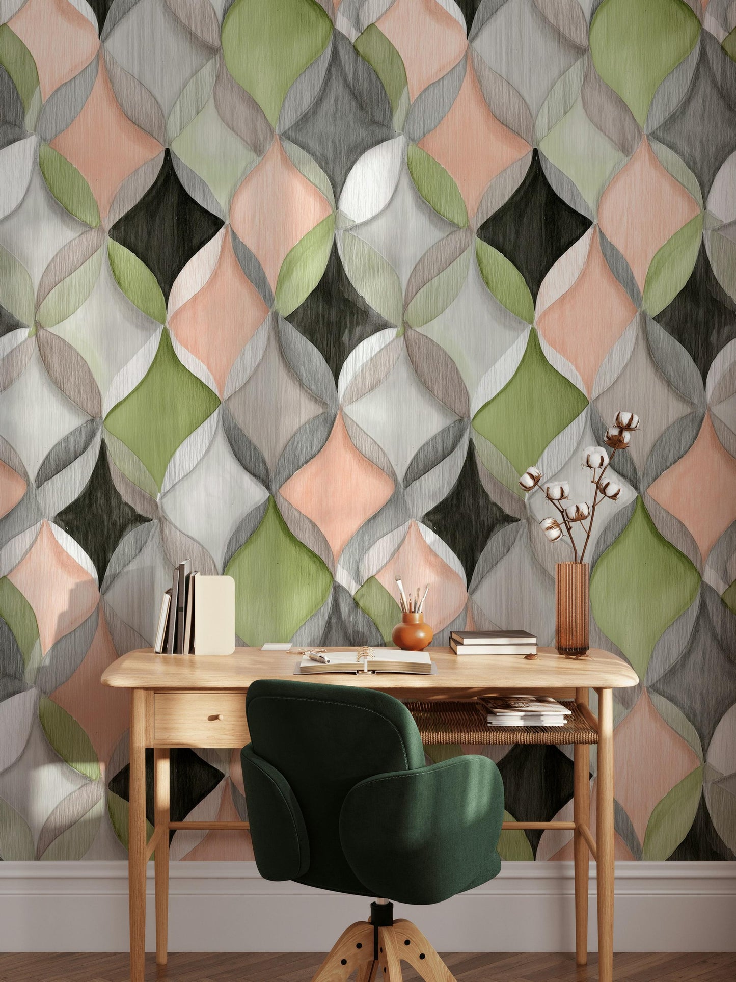 Abstract Geometric Ogee Wallpaper | Modern Interlocking Pattern Wall Mural | Pastel Peel and Stick Decor