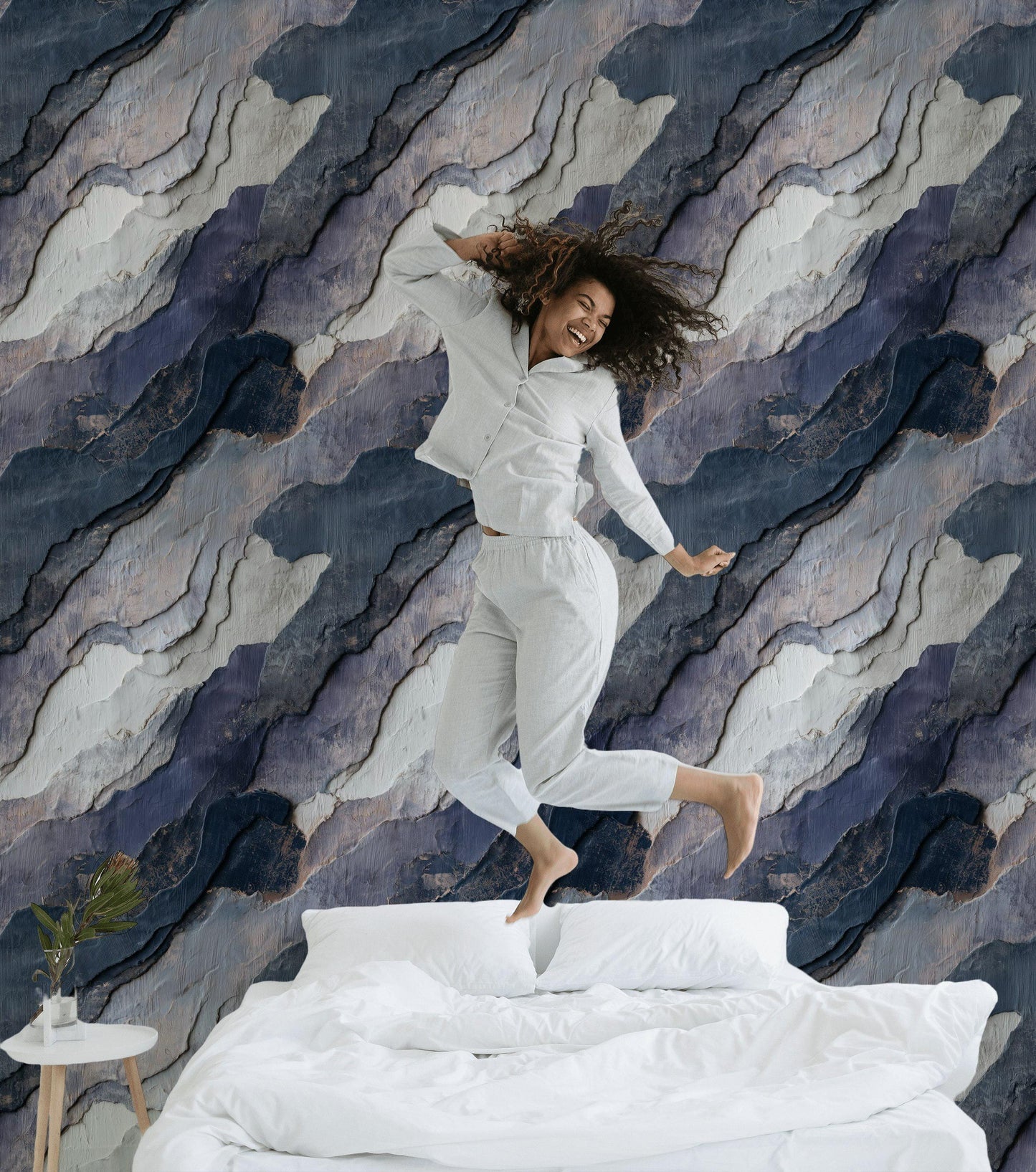 Navy Blue Stone Texture Wallpaper: Layered Abstract Peel and Stick Wall Mural