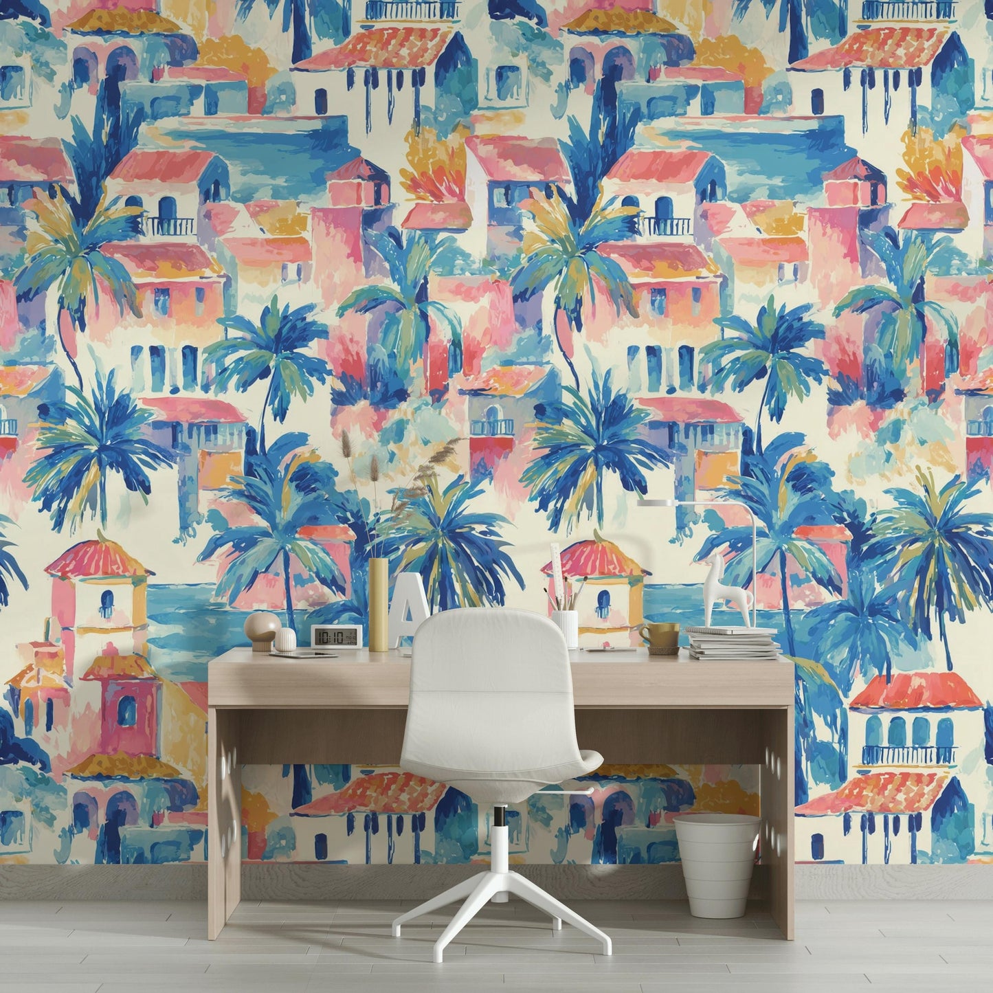 Watercolor Mediterranean Village Peel and Stick Wallpaper | Coastal Town Wall Mural Removable Seaside Decor