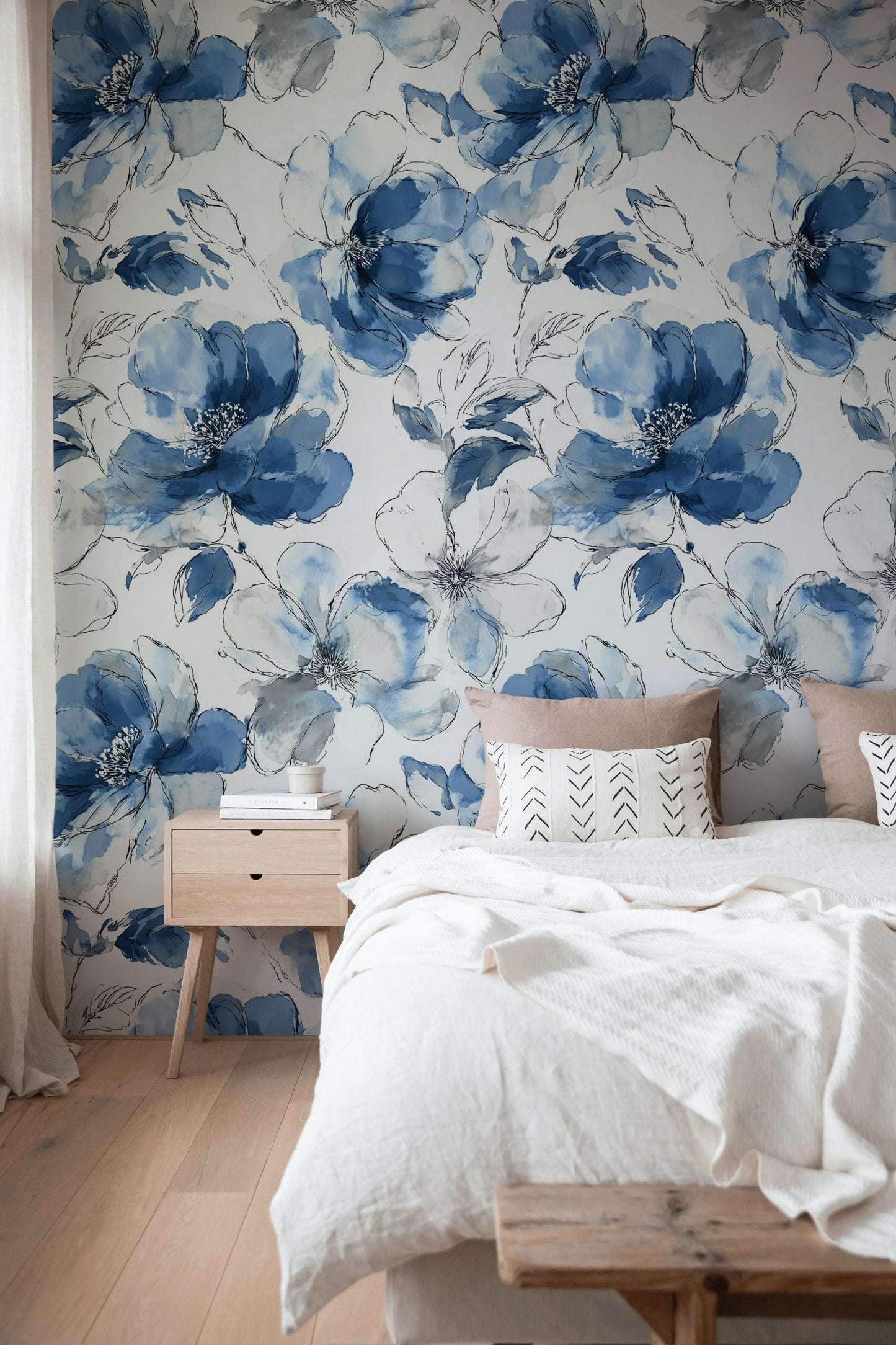 Blue Watercolor Peony Wallpaper: Abstract Floral Peel and Stick Wall Mural