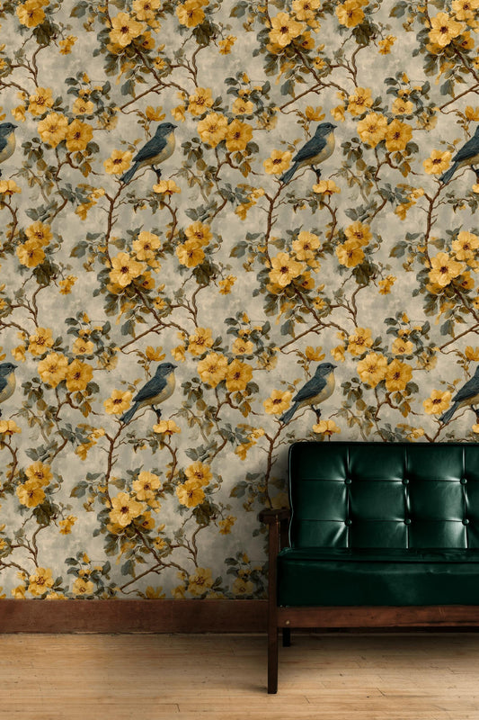 Vintage Bird and Flower Wallpaper, Yellow Botanical Mural, Peel and Stick Removable Wall Decor