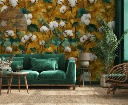 Rustic Cotton Plant Wallpaper | Farmhouse Botanical Wall Mural | Yellow Peel and Stick Decor